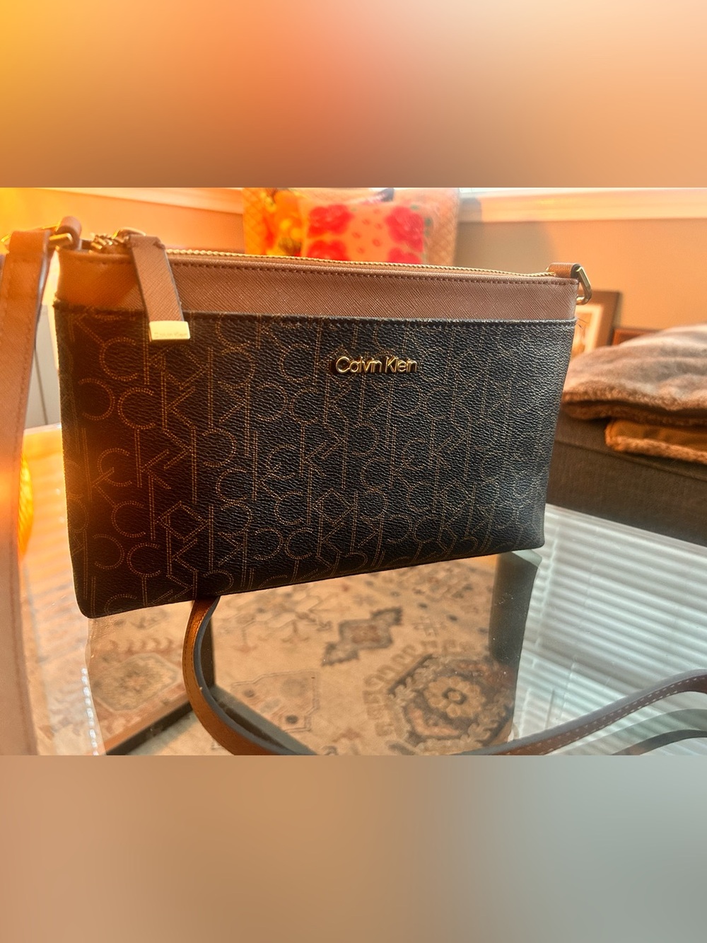 Calvin Klein Black and Brown Monogram Crossbody